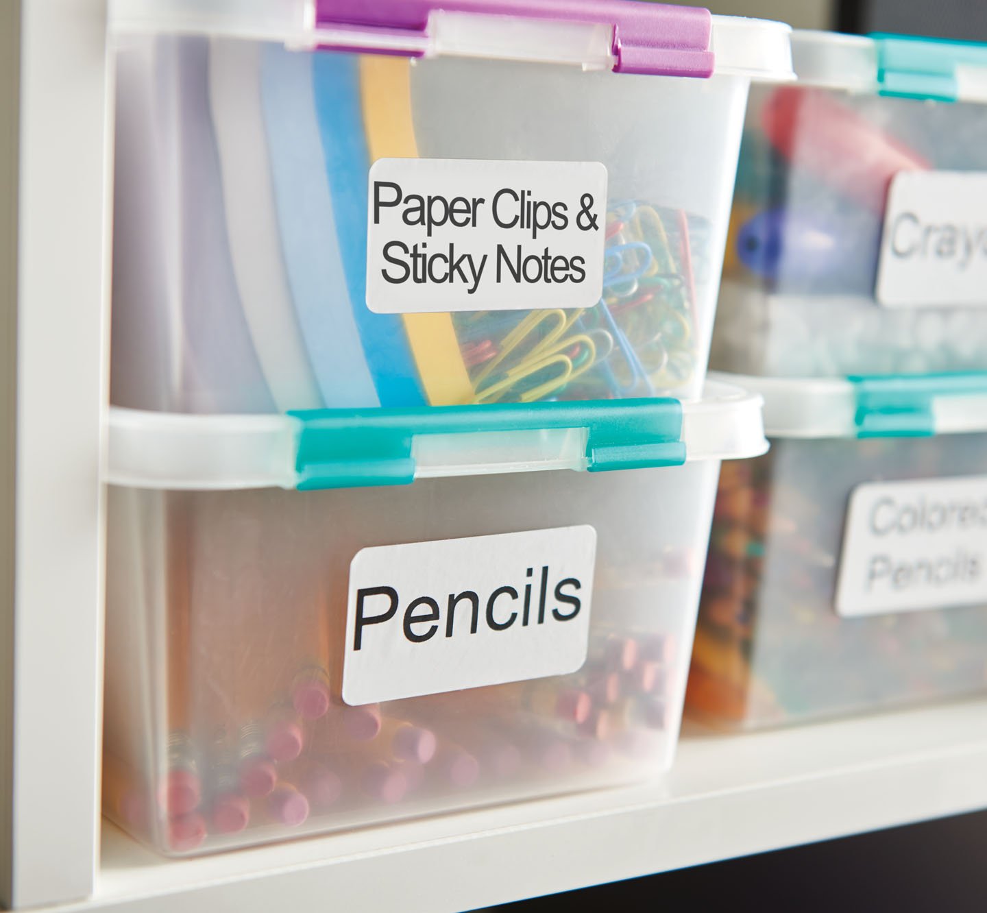 Labeled bins of school supplies.