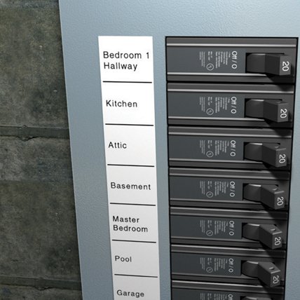 Labeled rooms on a fuse box.