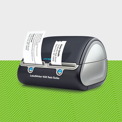 A Label Writer 450 Twin Turbo label maker with two labels being printed.