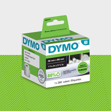 A box of DYMO labels sized 36 millimeters by 89 millimeters.