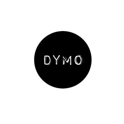 Embossed white DYMO in a black circle.