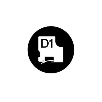 Rendering of D 1 label tape with D 1 typed over a black circle.