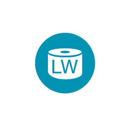 Rendering of label writer labels and letters L W in a blue circle.