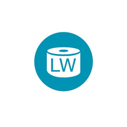Rendering of label writer labels and letters L W in a blue circle.