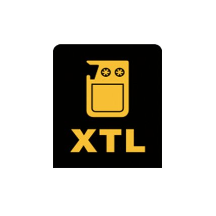 Yellow X T L tape icon over black background.