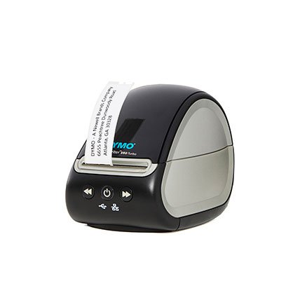 A Label Writer 550 Turbo label printer printing an address label.