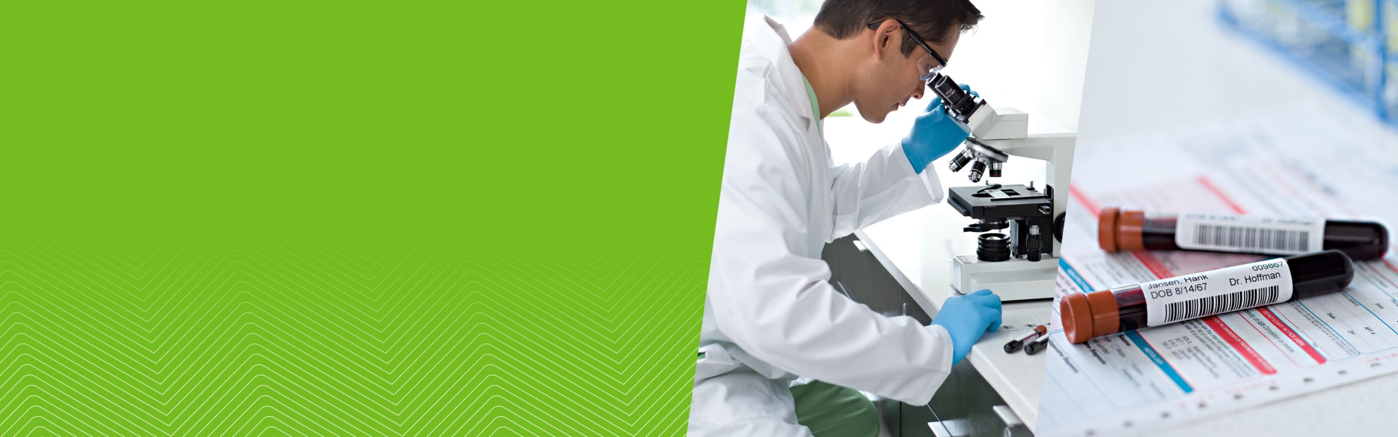 A medical professional looking into a microscope. Vials with barcode labels attached to them.