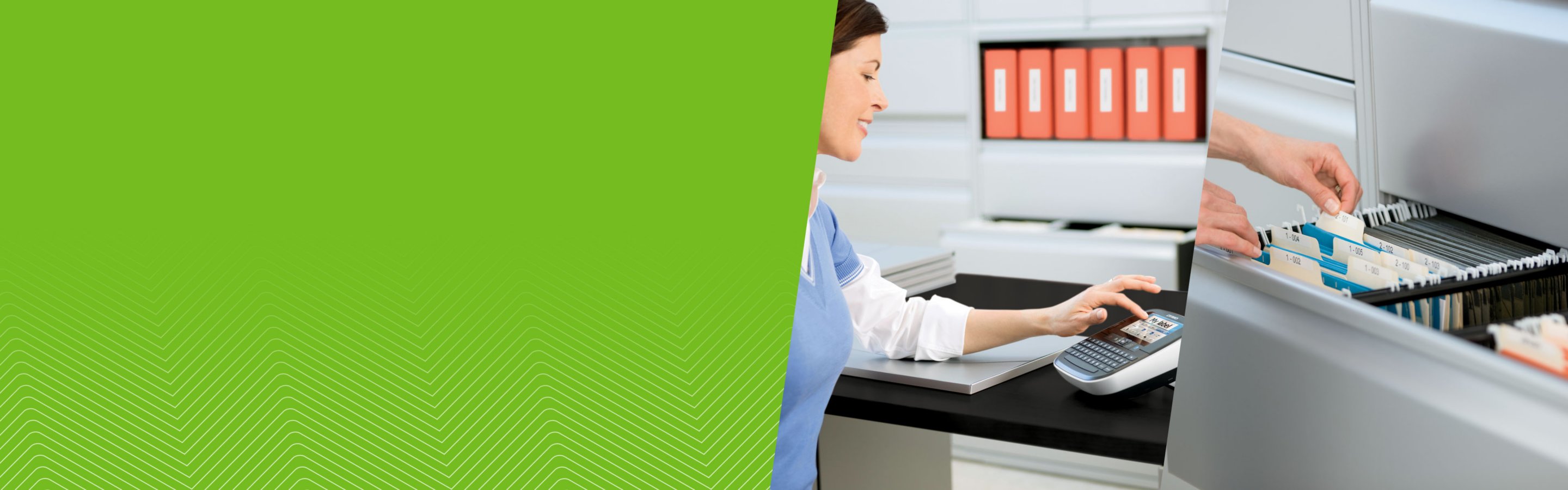 Split image of a woman using a label maker at a desk and labeled files in a drawer.