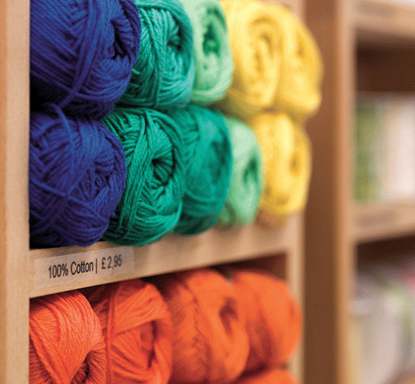 Price labels on shelves of yarn.