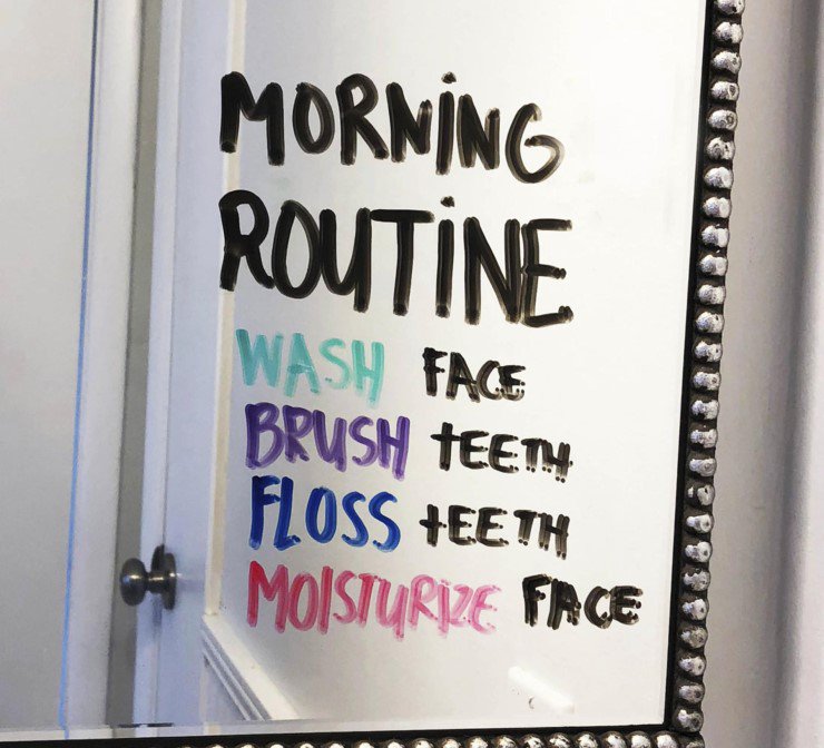 morning routine written on mirror with dry erase markers