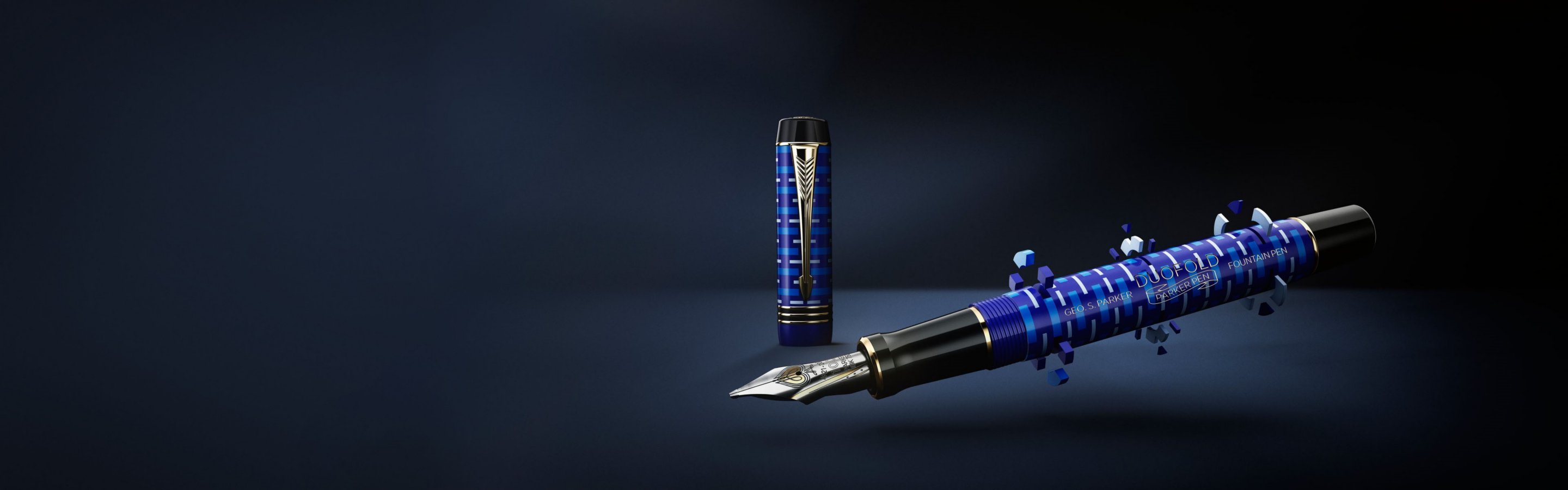 A deconstructed Duofold Limited Edition fountain pen showcasing the diffusion bonding technique.