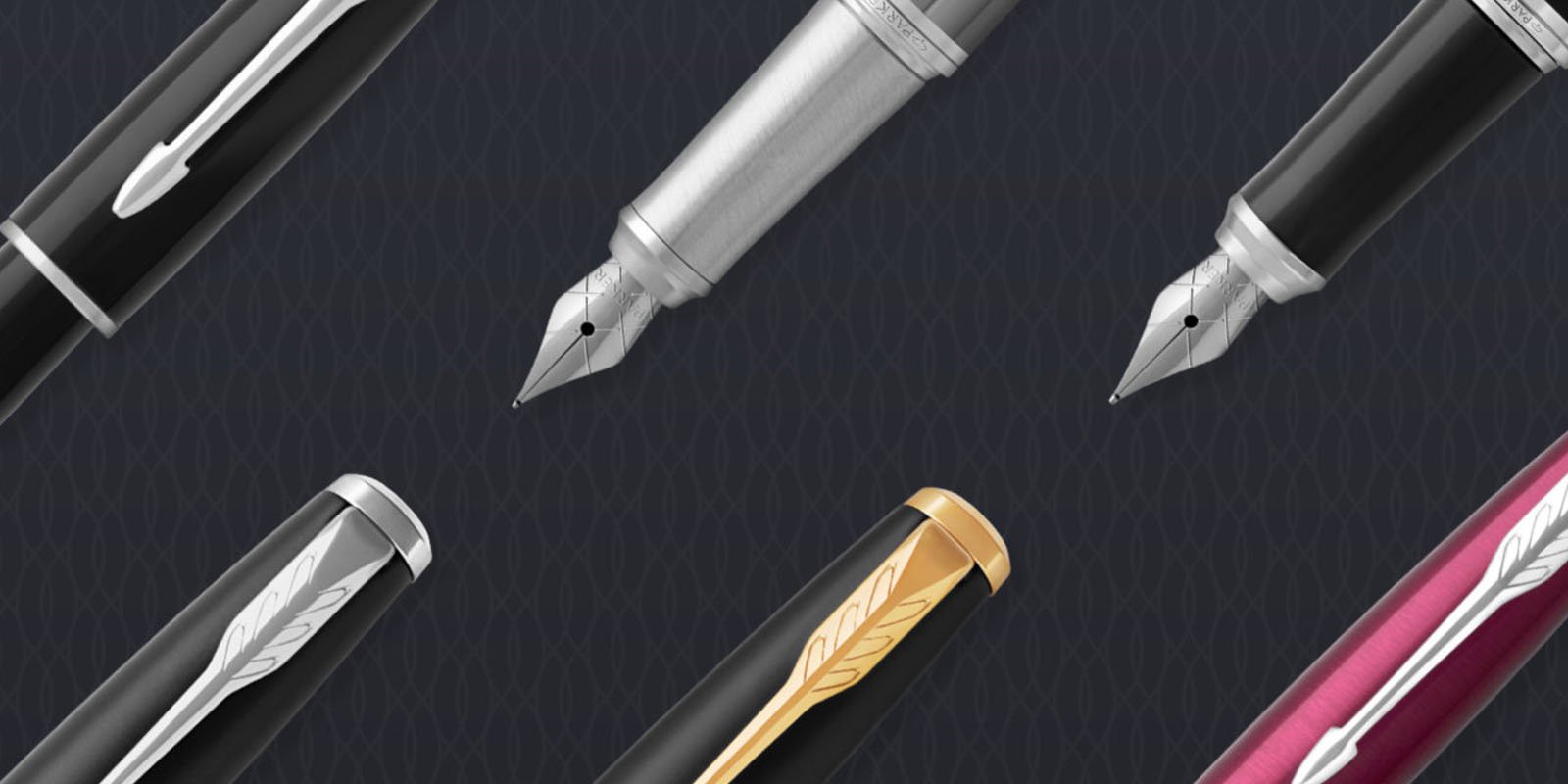 Closeup of Sonnet fountain pen nibs and pen caps.