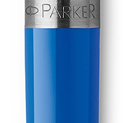 Closeup of a Jotter Pop Art barrel and pen cap displaying an engraved Parker logo.