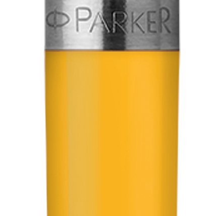 Closeup of a Jotter Pop Art barrel and pen cap displaying an engraved Parker logo.
