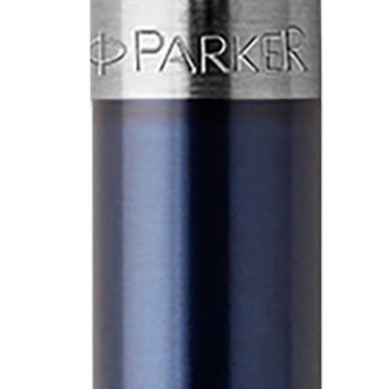 Closeup of a Jotter barrel and pen cap with chrome trim showcasing an engraved Parker logo.