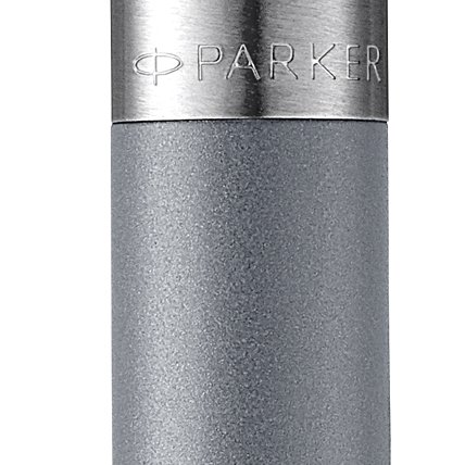 Closeup of a Jotter barrel and pen cap with chrome trim showcasing an engraved Parker logo.