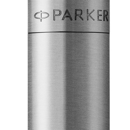Closeup of a Jotter barrel and pen cap showcasing an engraved Parker logo.