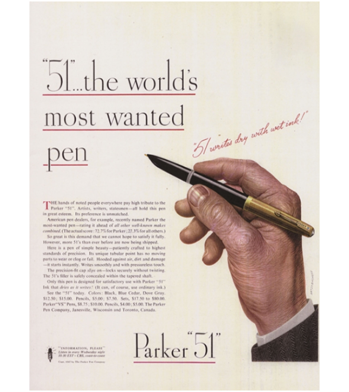 A vintage advertisement for a Parker 51 pen with text that reads "the world's most wanted pen."