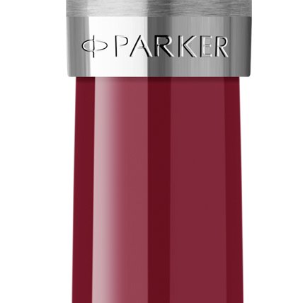 Closeup of a Parker 51 barrel and pen cap with chrome trim showcasing an engraved Parker logo.