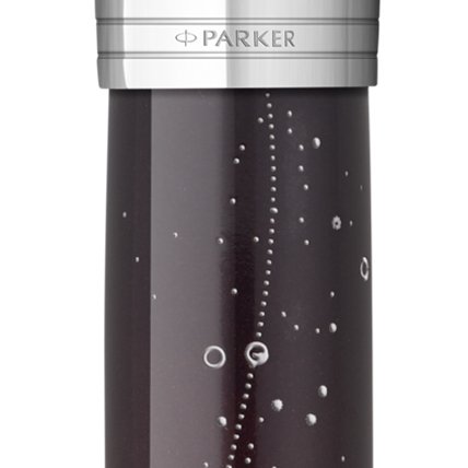 Closeup of a Parker 51 pen barrel and pen cap with chrome trim showcasing an engraved Parker logo.