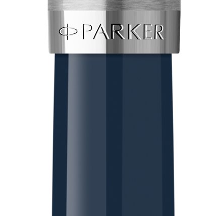Closeup of a Parker 51 barrel and pen cap with chrome trim showcasing an engraved Parker logo.