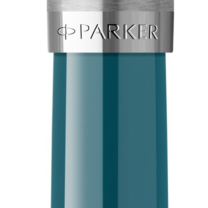 Closeup of a Parker 51 barrel and pen cap with chrome trim showcasing an engraved Parker logo.