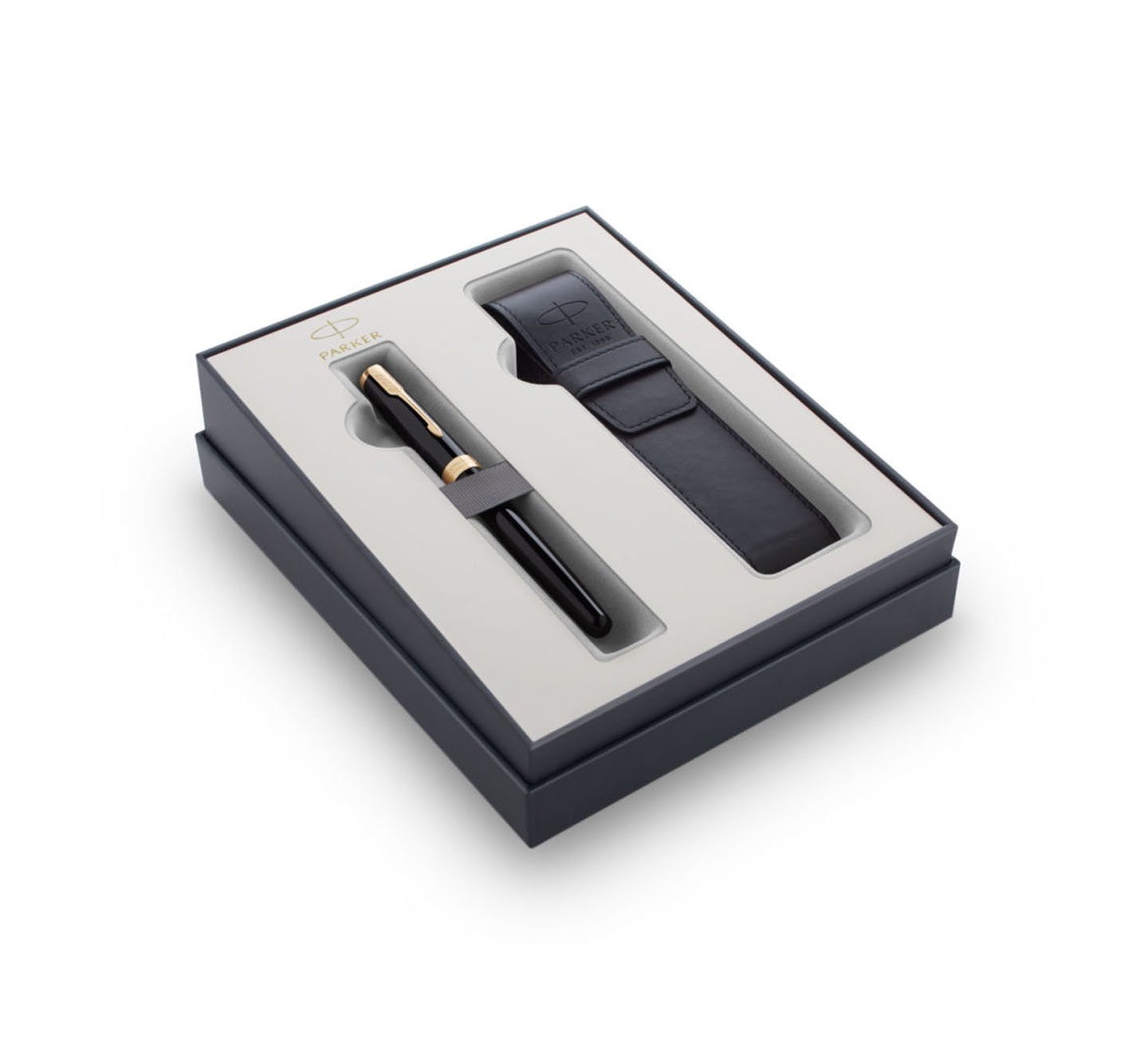 A Parker Sonnet fountain pen and black soft touch pen pouch gift set.