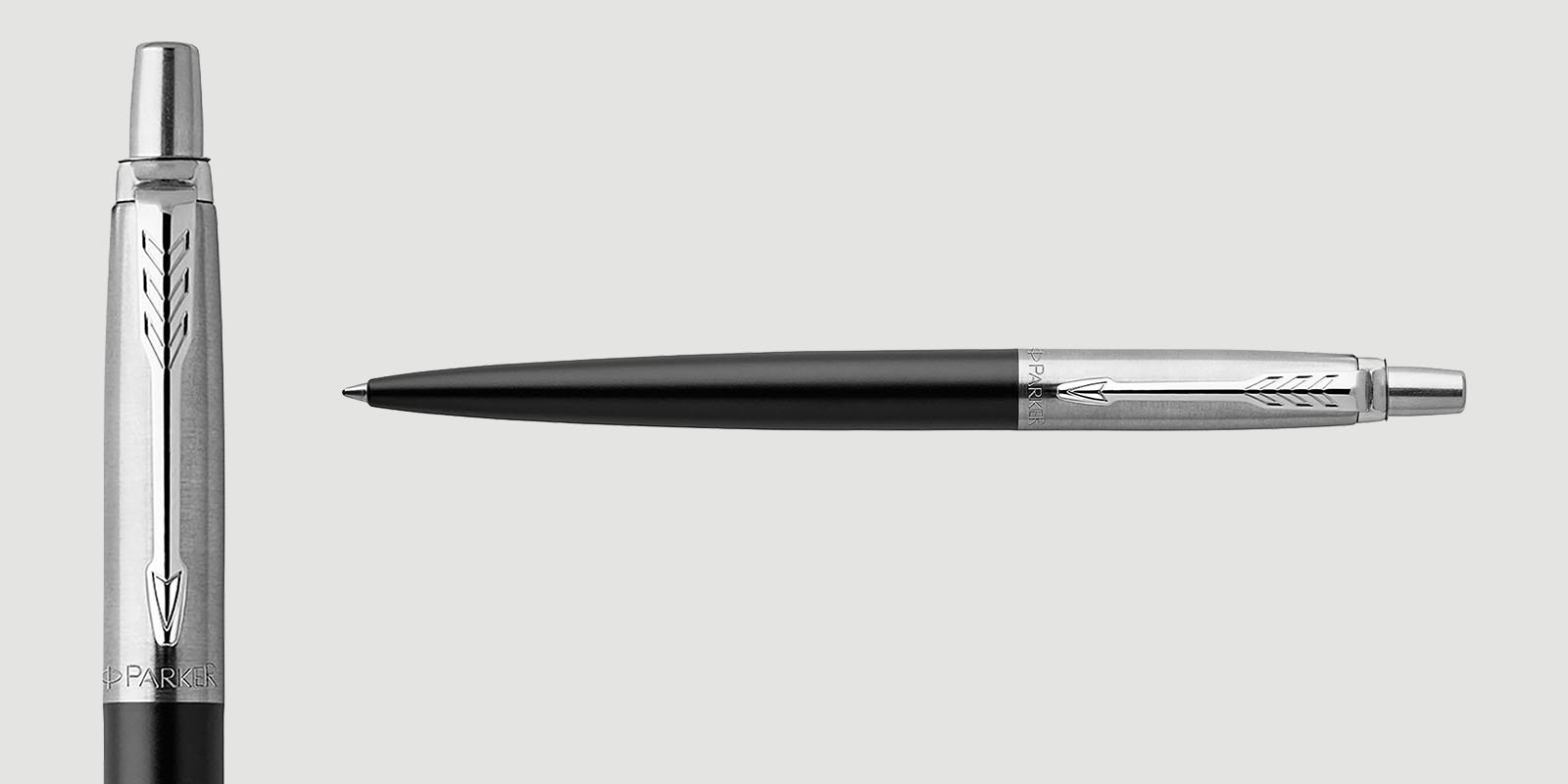 A full view and closeup of a Jotter ballpoint pen in Richmond matte black C T finish.