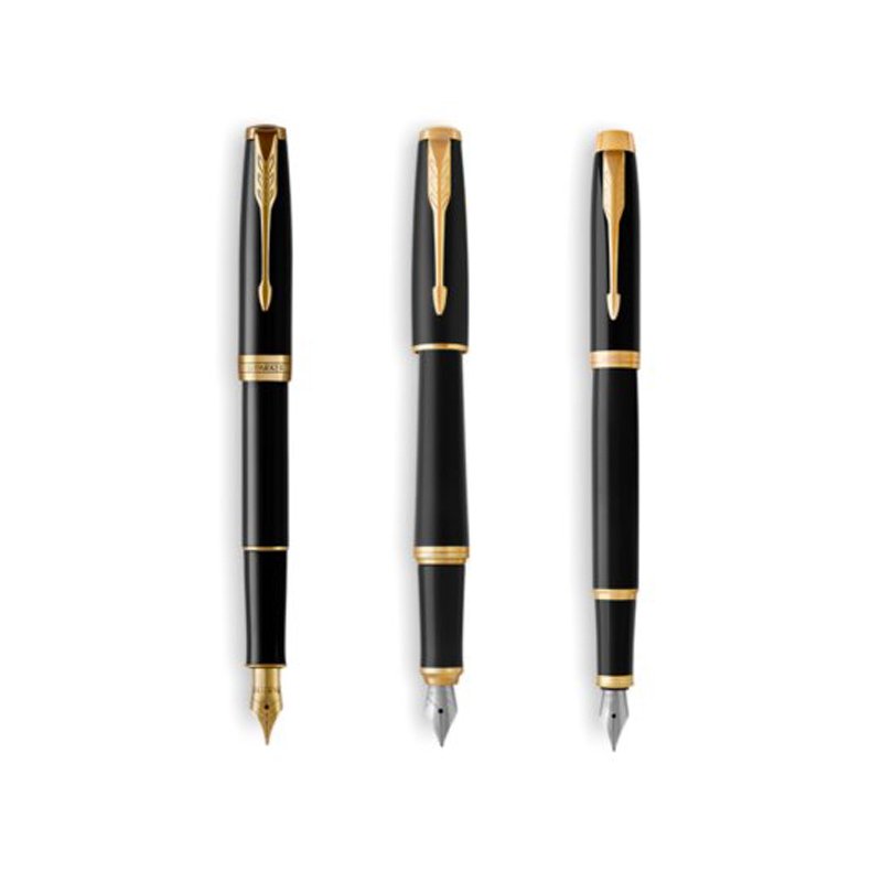 Sonnet, Urban and Parker IM fountain pens in black with gold trim finish.