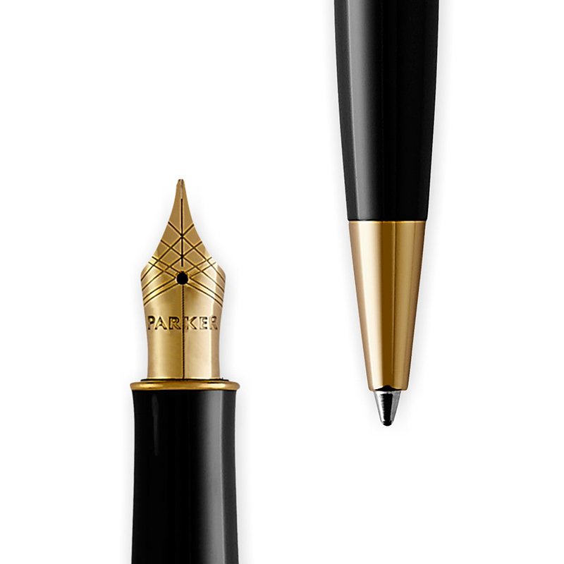Closeup of a Sonnet fountain pen nib and Sonnet ballpoint tip.