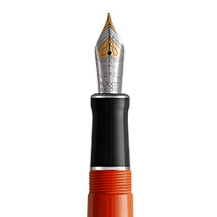 Closeup of a Duofold fountain pen nib and barrel with chrome trim.