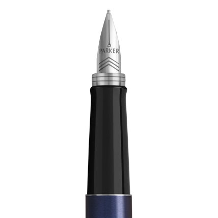 Closeup of a Jotter fountain pen nib and barrel with chrome trim.