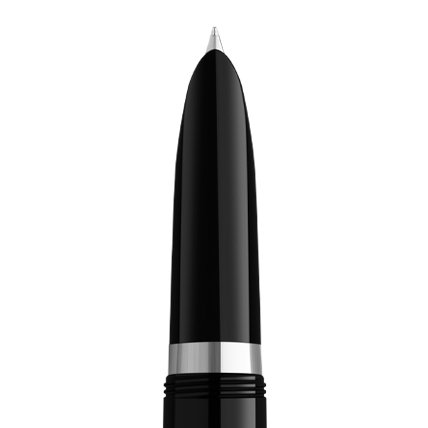 Closeup of a Parker 51 fountain pen nib and barrel with chrome trim.