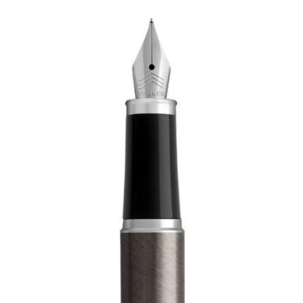 Closeup of a Parker I M fountain pen nib and barrel with chrome trim.
