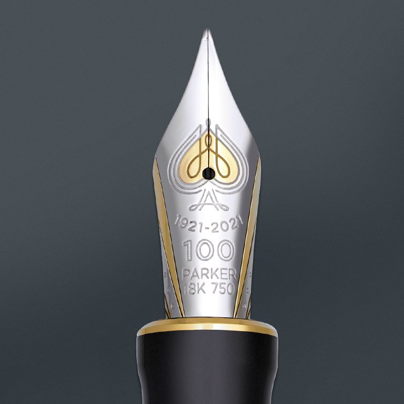 Closeup of a Duofold Limited Edition 18k solid gold fountain pen nib.
