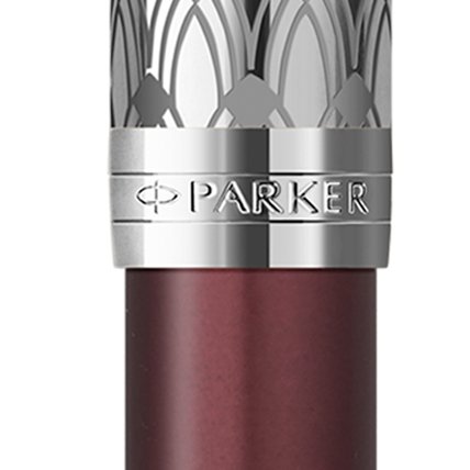 Closeup of a Sonnet barrel and pen cap with chrome trim showcasing an engraved Parker logo.