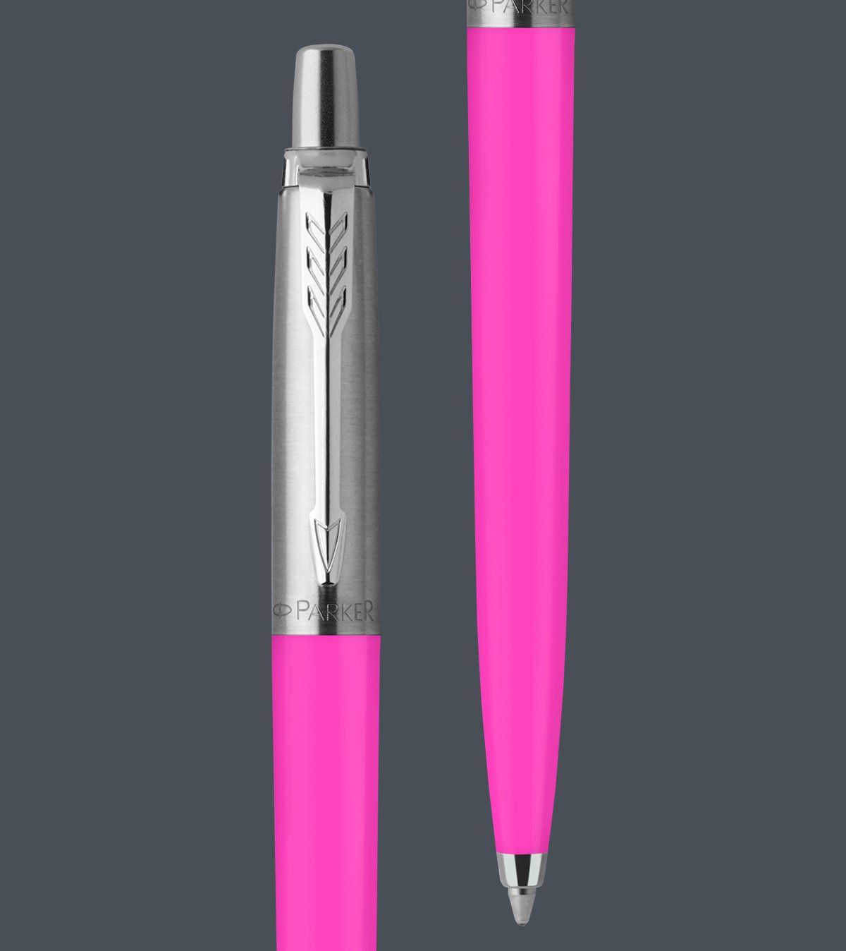 Two upright Jotter Originals ballpoint pens with chrome trim.