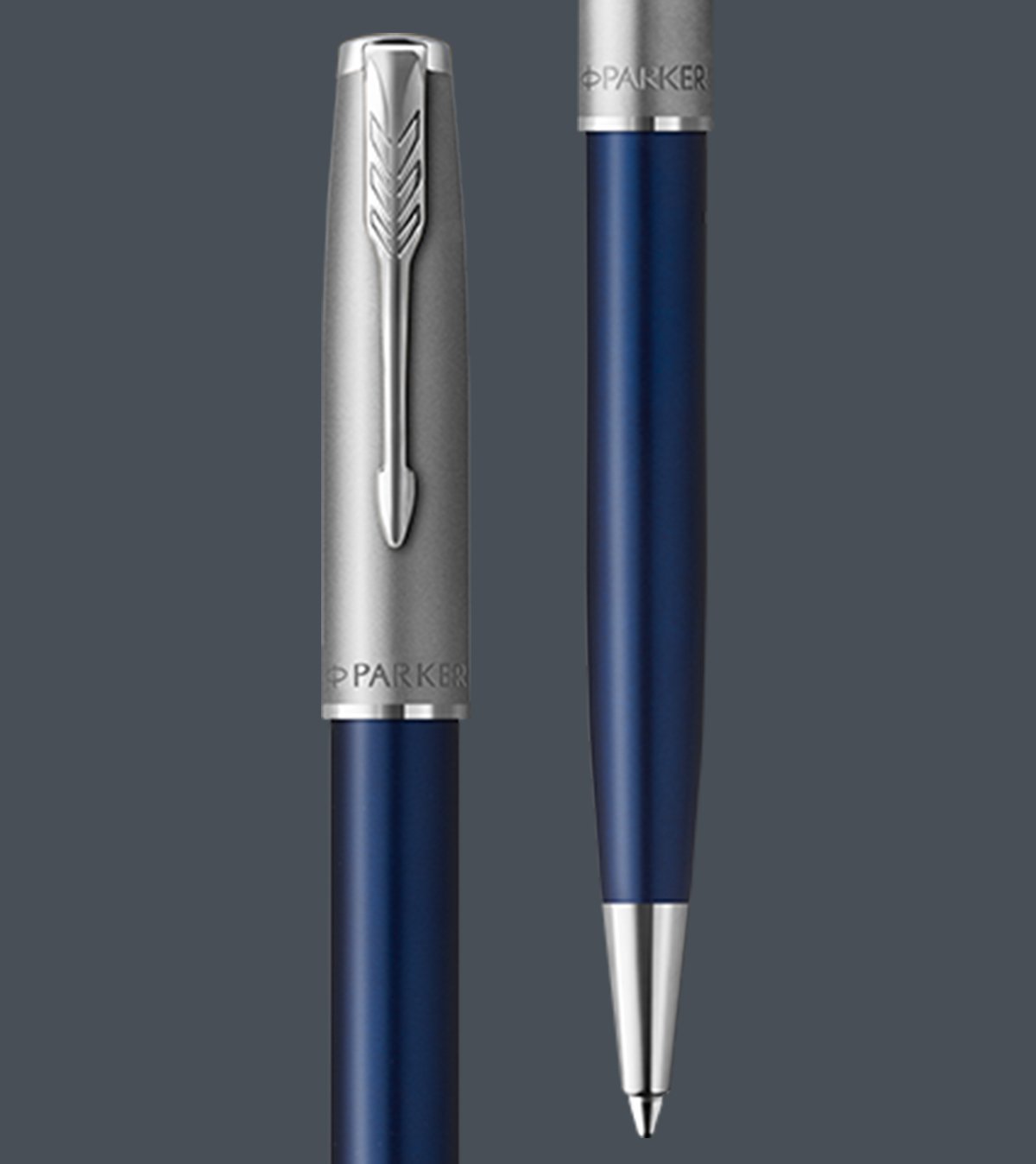Two upright Sonnet ballpoint pens with chrome trim.