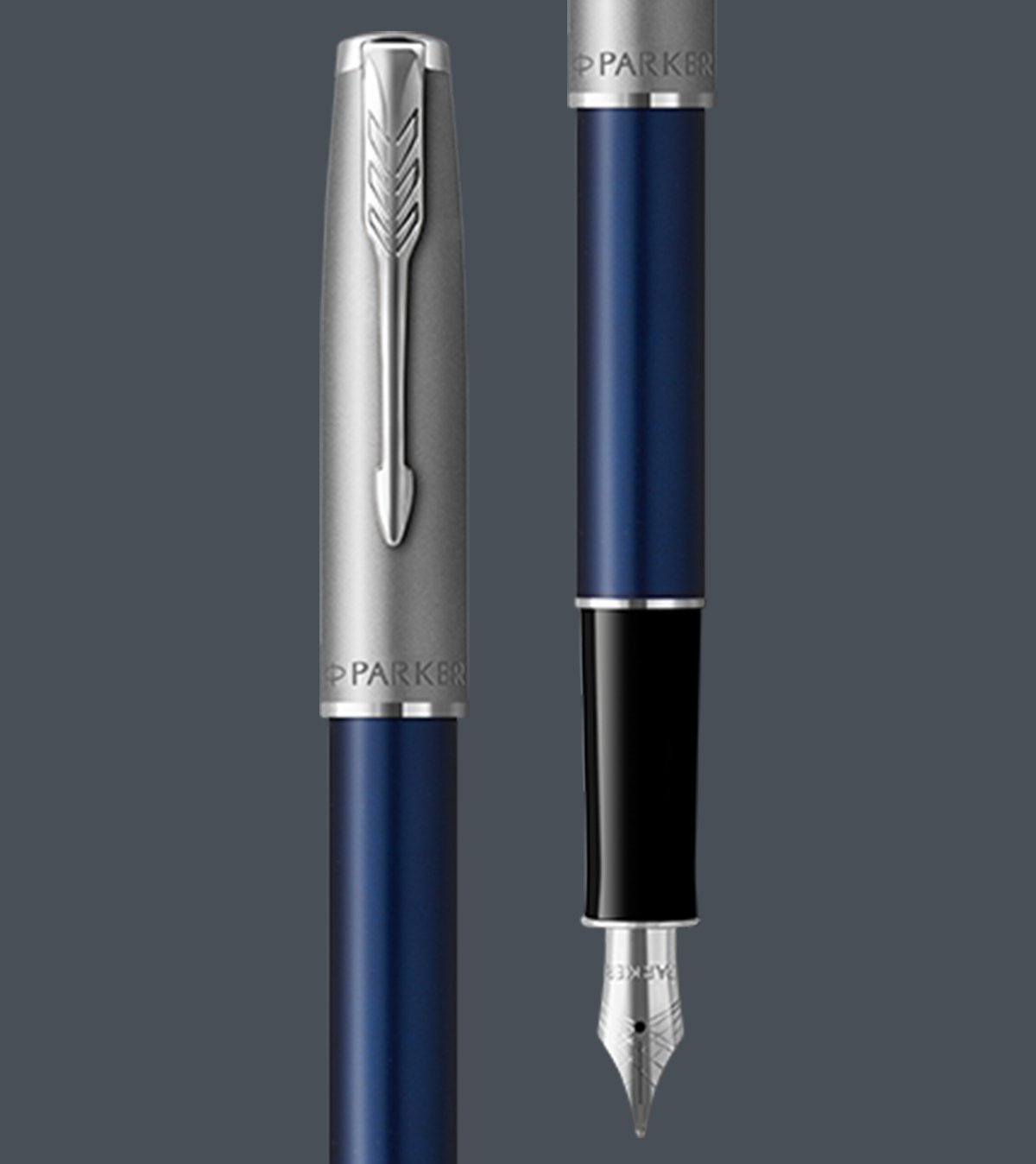 Two upright Sonnet fountain pens with chrome trim.