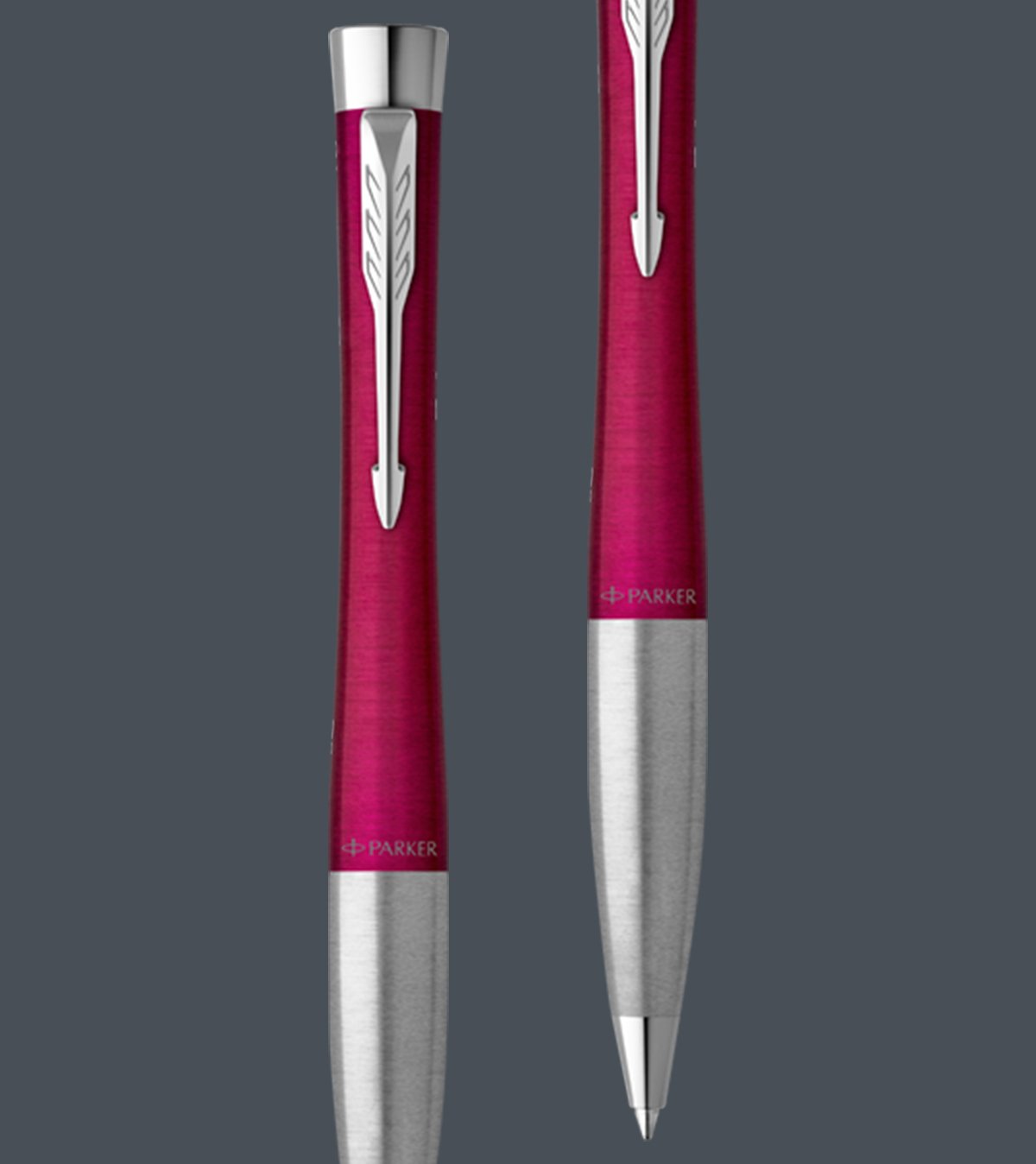 Two upright Urban ballpoint pens with chrome trim.