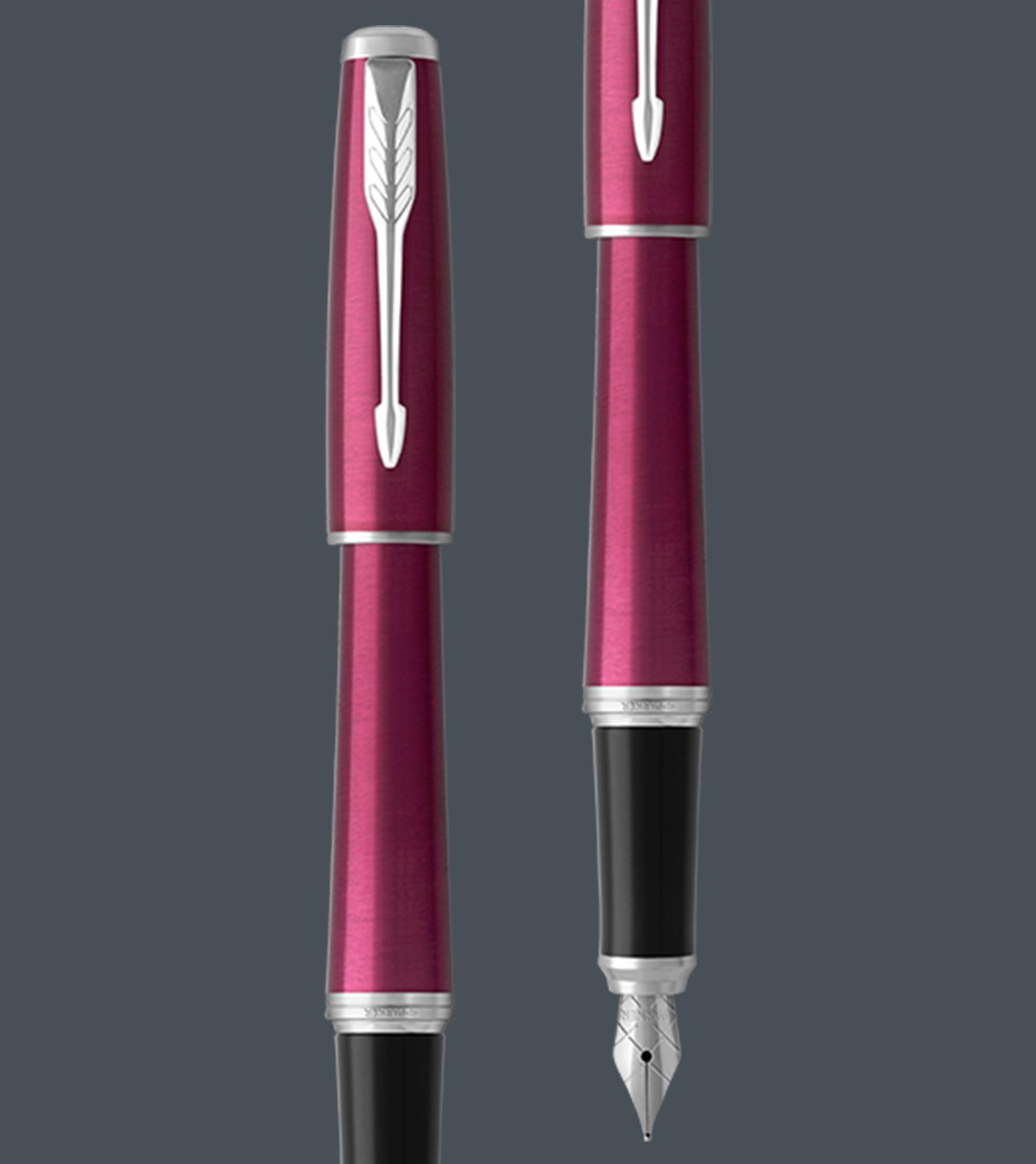 Two upright Urban fountain pens with chrome trim.