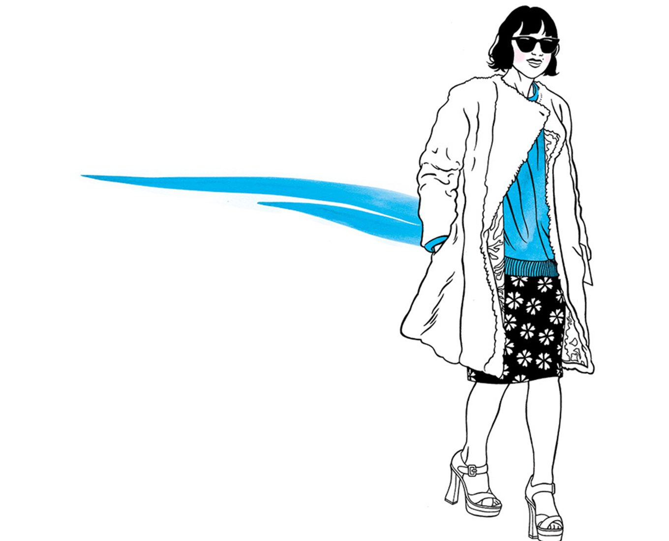 A drawing of a woman wearing a skirt, long jacket, and sunglasses.