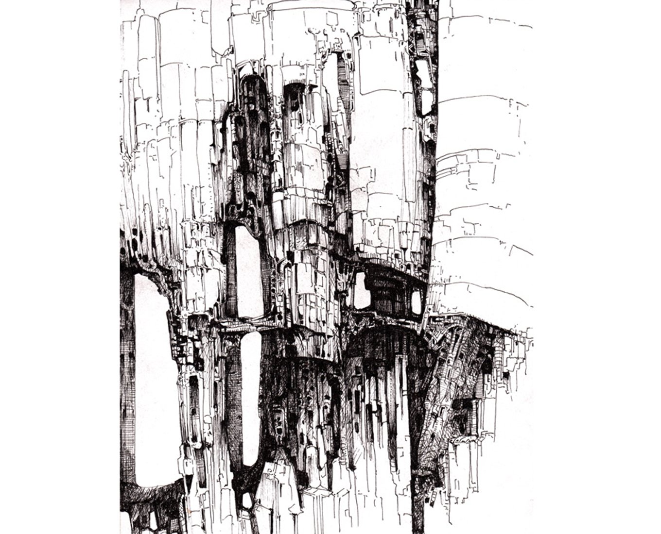 A sketch of a jagged rock formation with gaps in it.