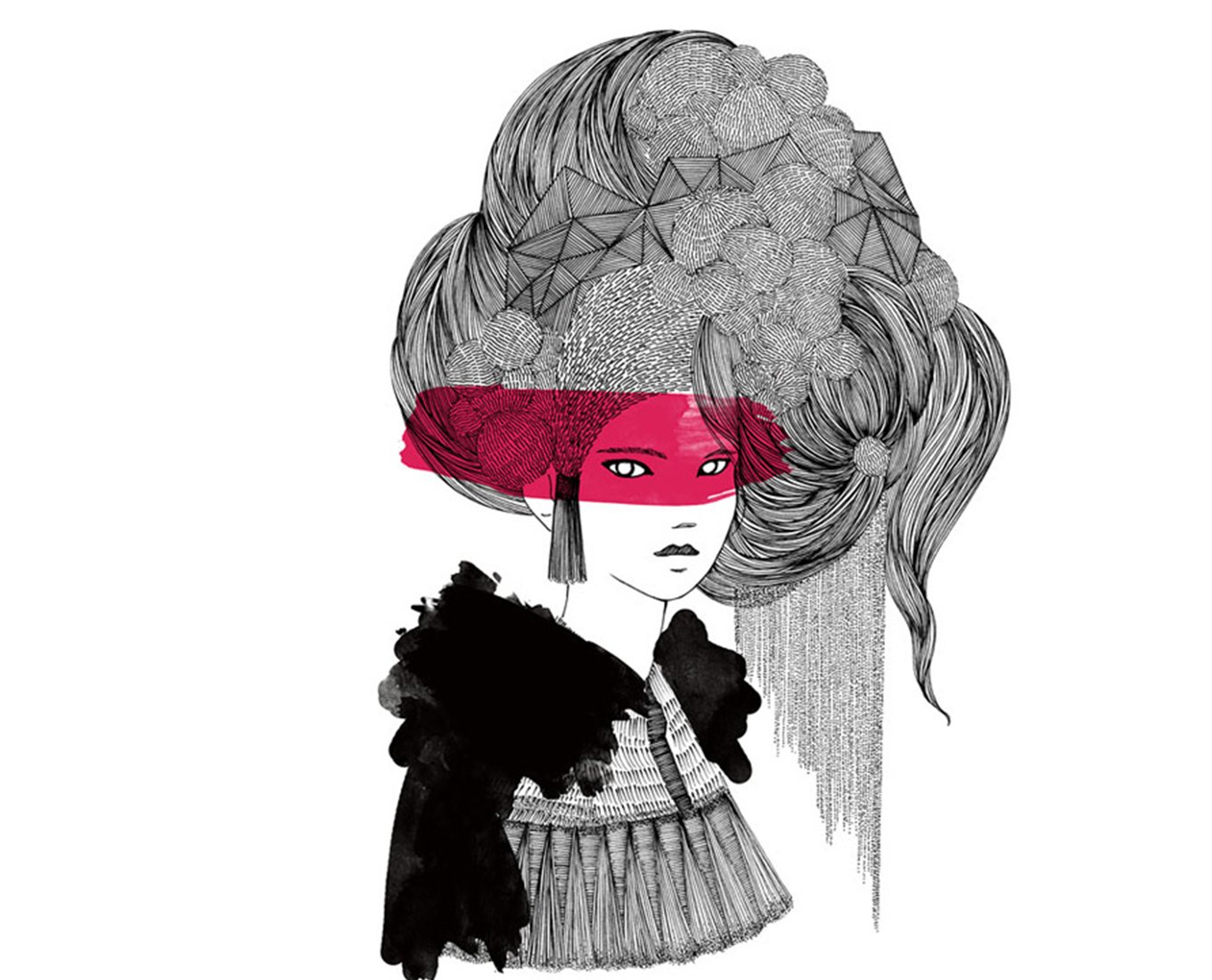 A drawing of a woman with long, textured hair bundled up around her face.