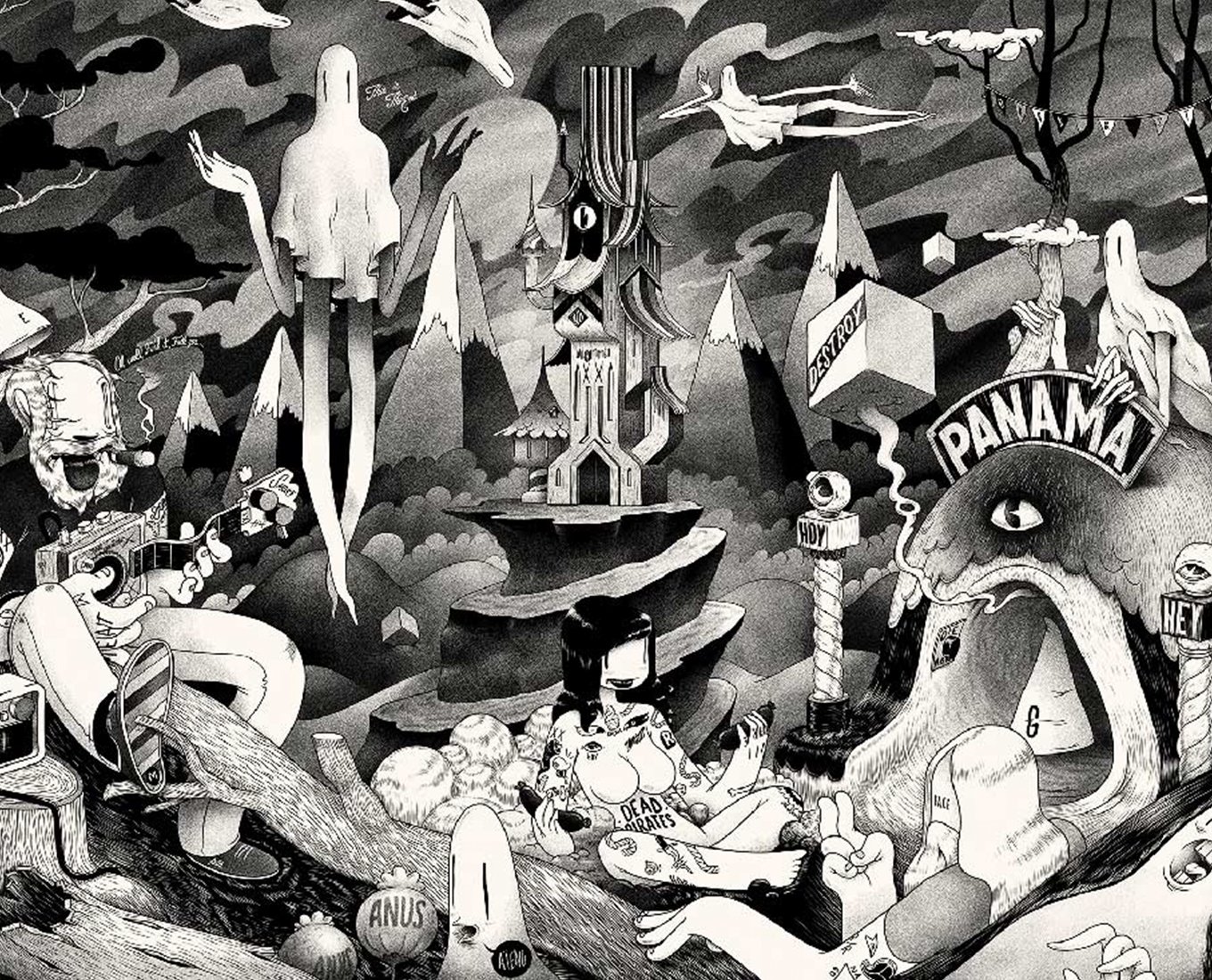 A drawing of ghosts with legs flying around a castle on a mountain, with people relaxing on tree branches in the foreground.