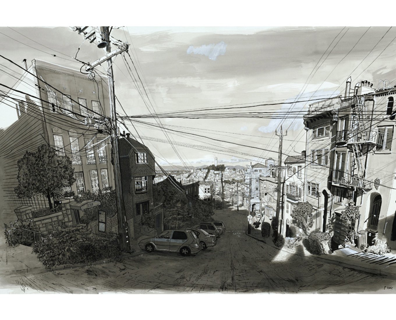 A drawing of a downhill city street with homes on both sides of the road and powerlines running across.