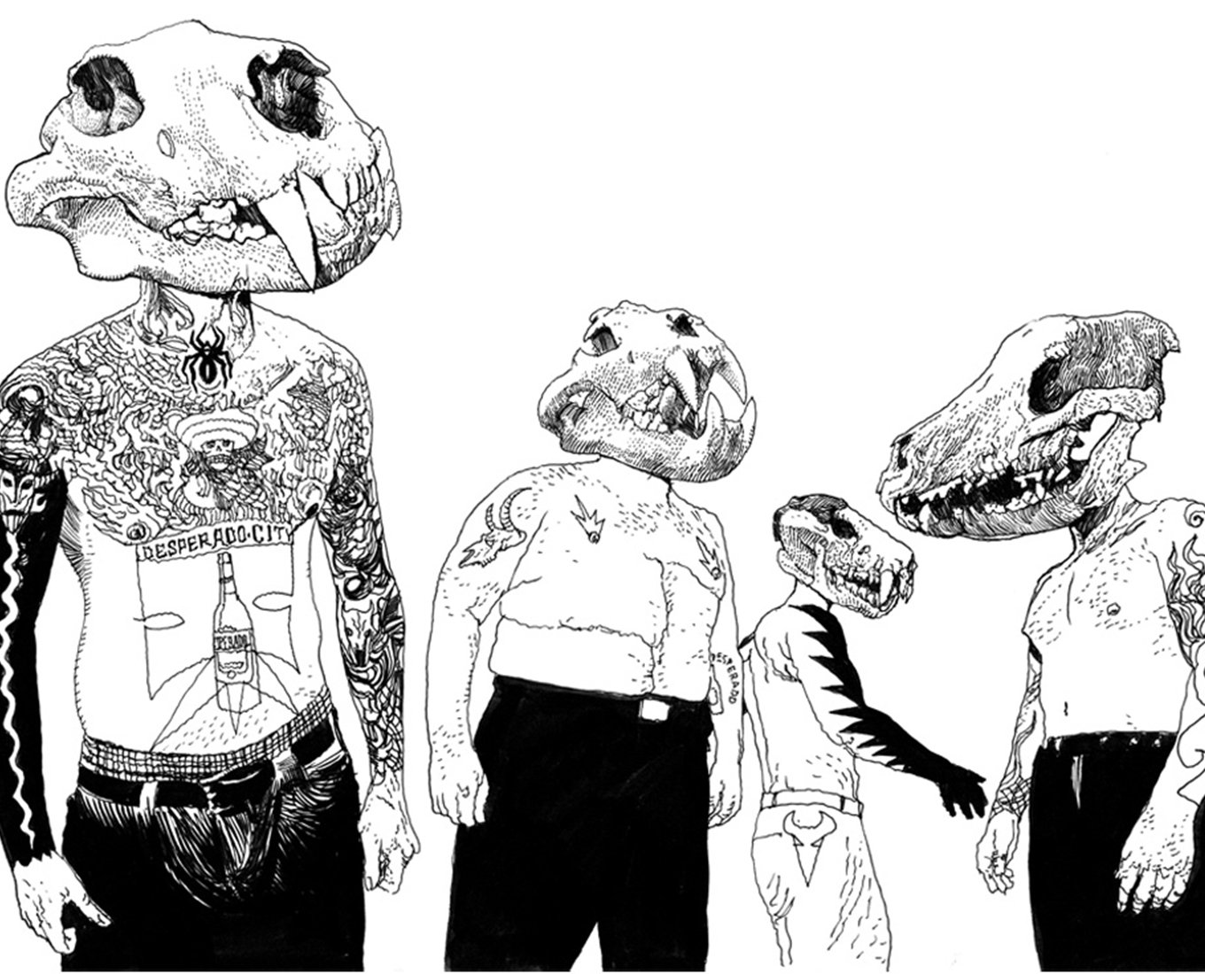A drawing of four tattooed, topless people with animal skulls as heads.