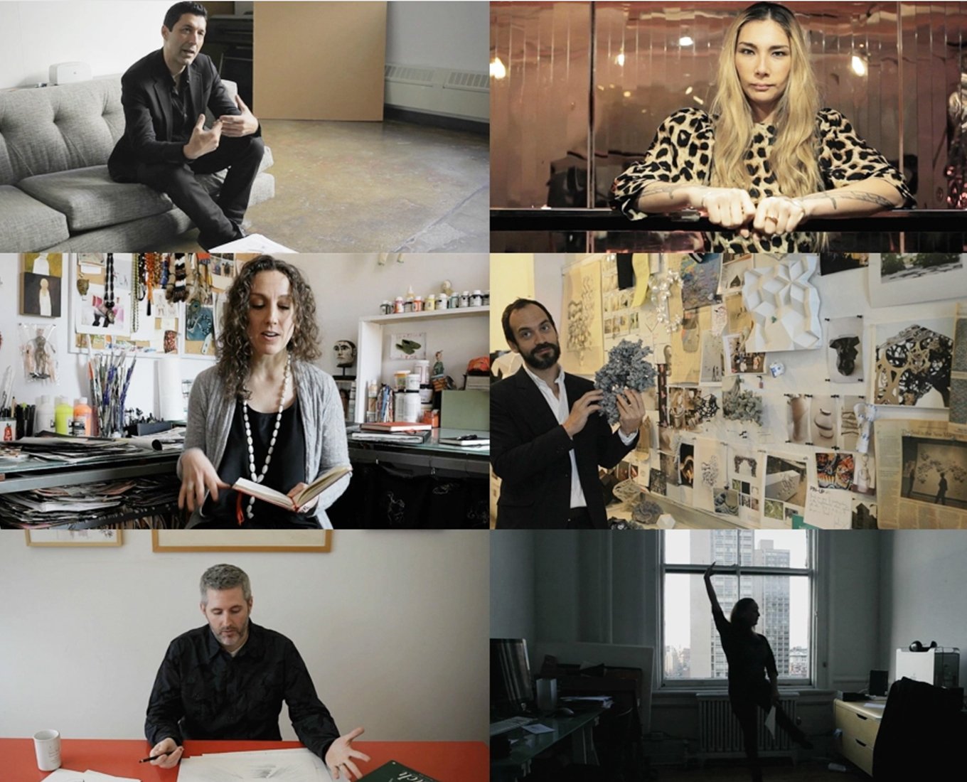 Six photographs of men and women looking at the camera, presenting an item, reading from a book, and dancing.