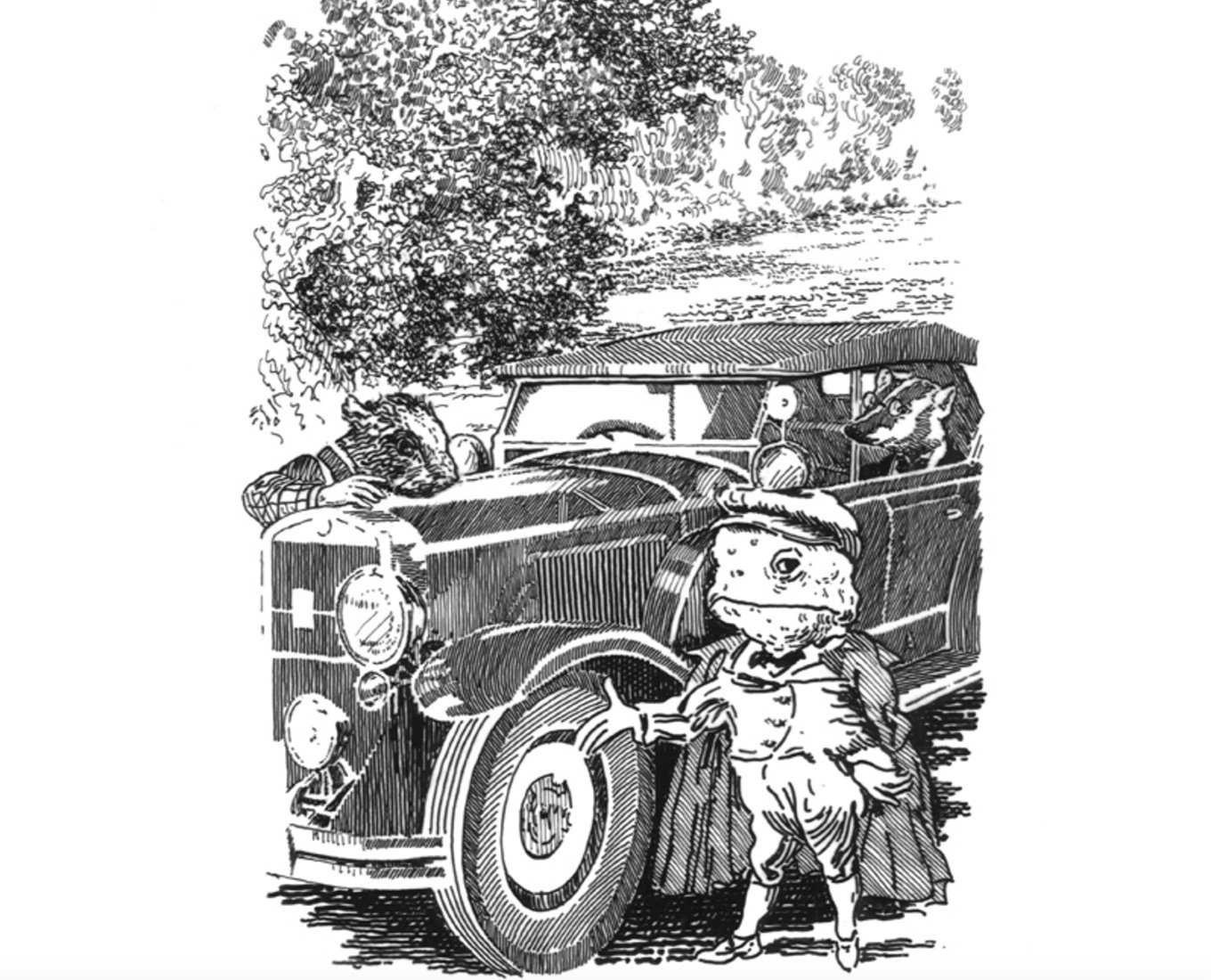 A drawing of a frog in a cape stood upright in front of a vintage car with a badger wearing glasses in the backseat.