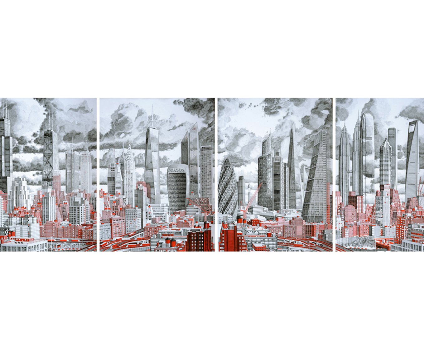 A sketch of a city skyline and clouds in four panels.